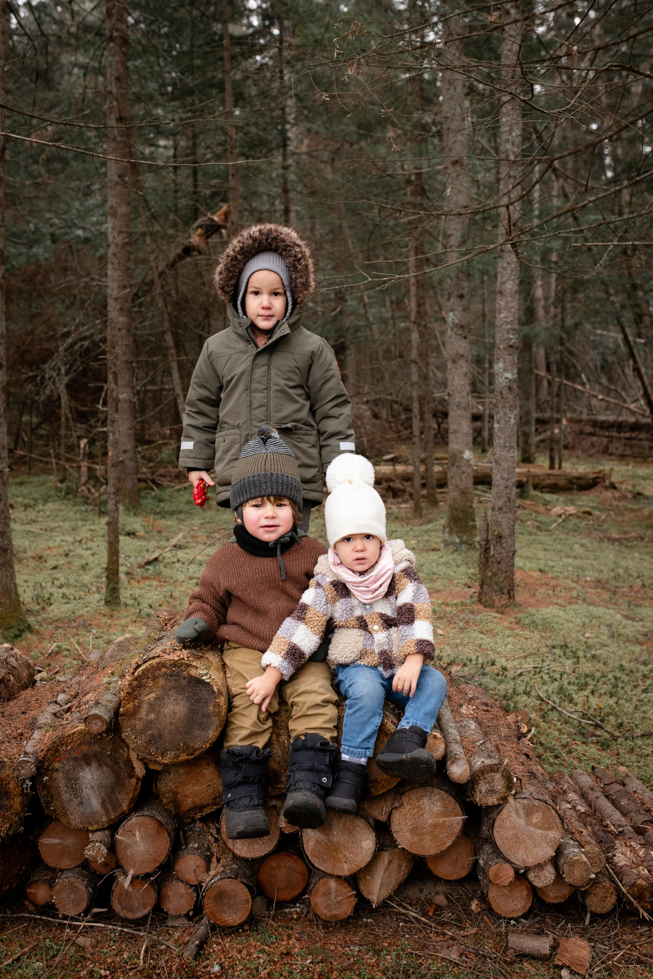 Photo verticale de trois jeunes enfants sur une petite corde de bois